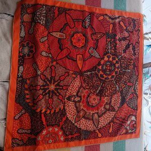 Vintage Scarf Boho Orange Red Floral Square 27" Rolled Edges 100% Polyester